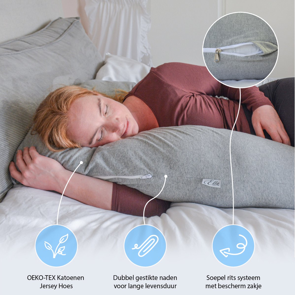 Ella U-Vorm Zwangerschapskussen XXL - Katoen Zijslaapkussen - Lichaamskussen - Voedingskussen - Body Pillow 140x80cm - Afneembare Hoes – foto 3