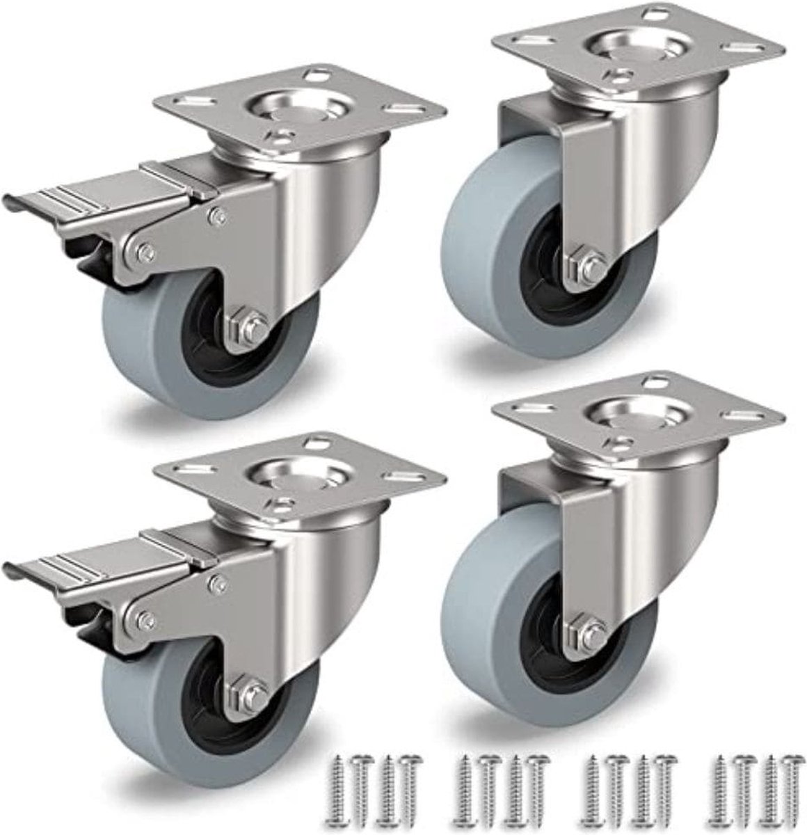 Zwenkwielen set van 4 - metaal - 2x incl. & 2x excl. rem - Ø50mm - draagvermogen van 4x35KG - incl. schroeven - soft rubber