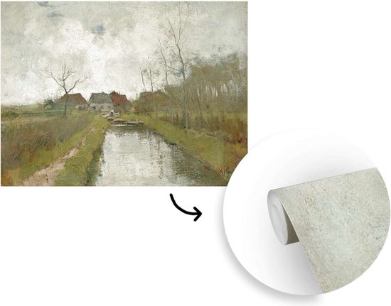 Behang - Fotobehang Huisje aan een sloot - Schilderij van Anton Mauve - Breedte 330 cm x hoogte 240 cm - MuchoWow