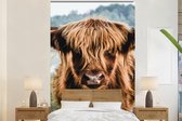 Behang - Fotobehang Koeien - Schotse hooglander - Bruin - Natuur - Breedte 225 cm x hoogte 350 cm