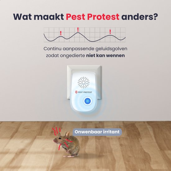 Een Pest Protest ultrasone ongediertebestrijder in een stopcontact, met een grafiek en muis. Continu aanpassende geluidsgolven.