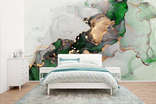 Behang - Fotobehang Marmer - Goud - Groen - Luxe - Breedte 435 cm x hoogte 260 cm