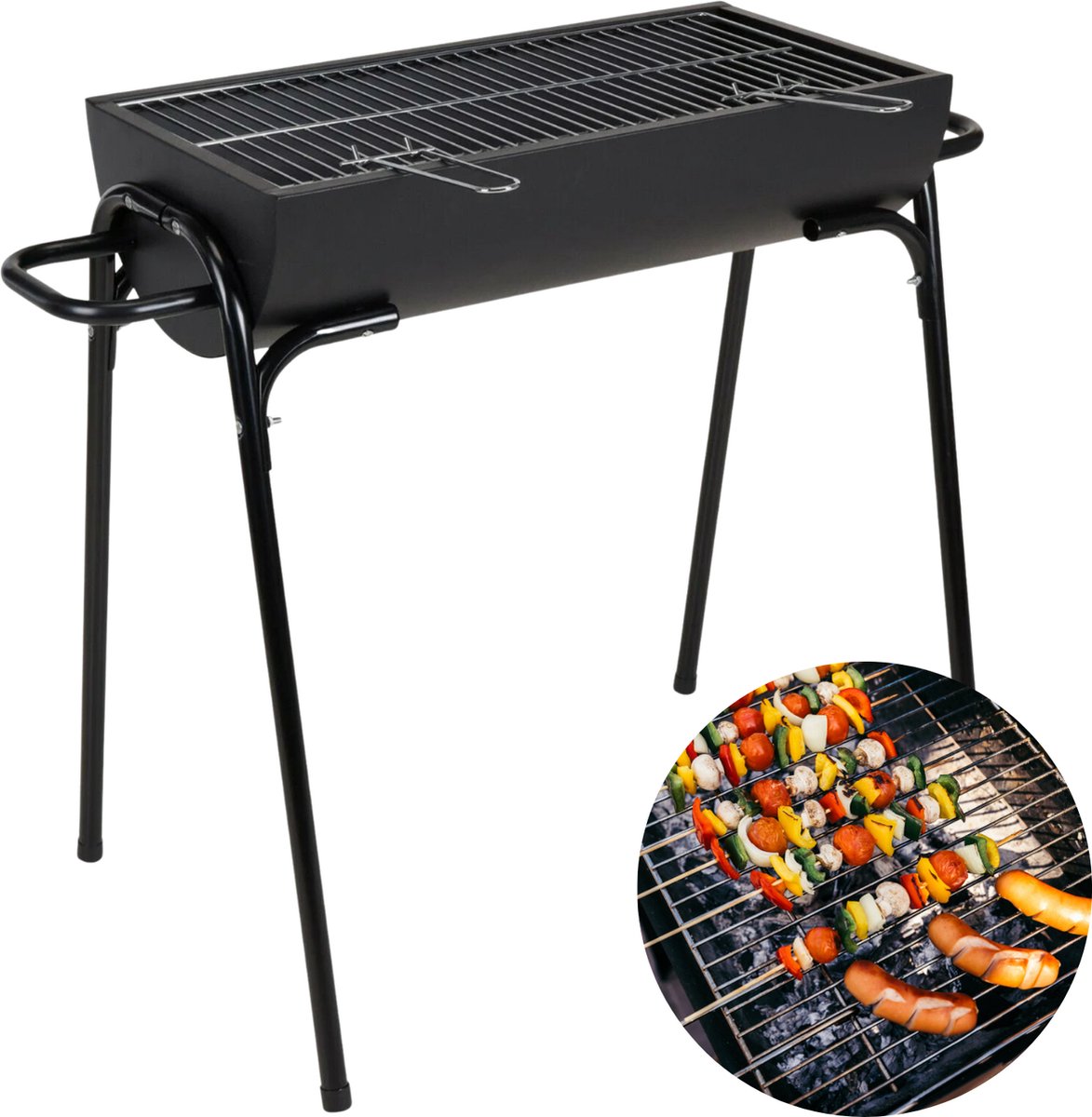 Cheqo® Houtskoolbarbecue - Barbecue Houtskool - BBQ - Half Cilinder - 88x50xH72cm - 60x29cm Grilloppervlak - Zwart Poedercoat - 6600g