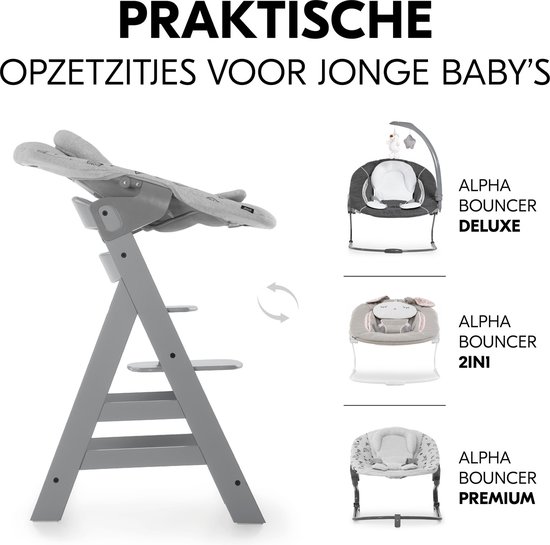 Hauck Alpha kinderstoel in grijs met drie baby bouncer opties: Deluxe, 2in1, Premium