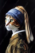 JJ-Art (Canvas) 90x60 | Meisje (poes / kat) met de parel – geschilderde stijl, woonkamer slaapkamer | vrouw, dier, zwart wit bruin blauw, vintage, modern | Foto-Schilderij print (wanddecoratie)