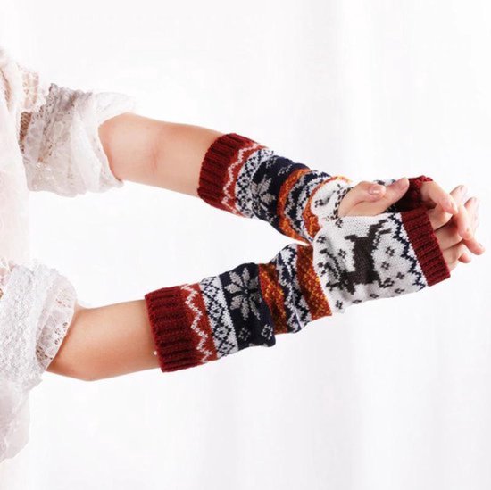 New Age Devi - Polswarmers met rendieren - Scandinavische winter armwarmers rood - Gebreide vingerloze lange handschoenen - Dames