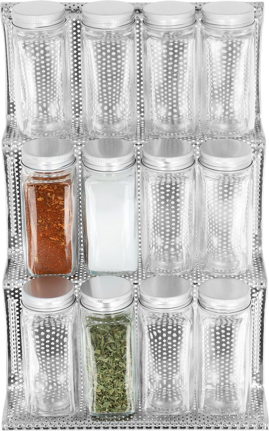 QUVIO Tiroir porte-épices + 12 pots à épices - 3 couches - Support à épices - Étagère à épices - Organisateur d'épices - Rangement à épices - Pour le tiroir de la cuisine - Acier inoxydable - Pots en Verres
