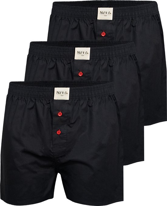 Phil & Co Wijde Boxershorts Heren Geweven Katoen Effen Zwart 3-Pack - Maat 4XL - Losse boxershort heren