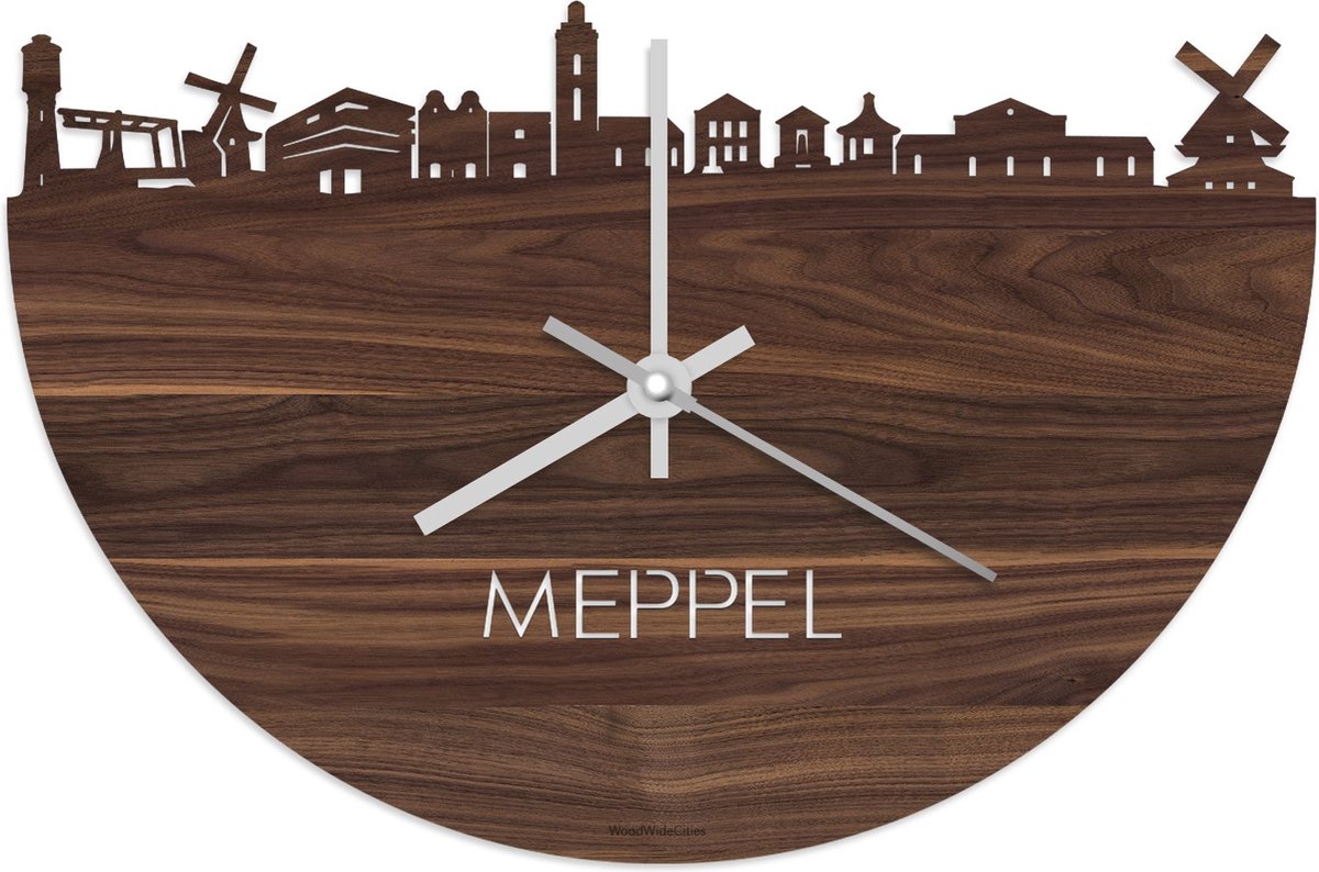 Skyline Klok Meppel Notenhout - Ø 40 cm - Stil uurwerk - Wanddecoratie - Meer steden beschikbaar - Woonkamer idee - Woondecoratie - City Art - Steden kunst - Cadeau voor hem - Cadeau voor haar - Jubileum - Trouwerij - Housewarming - WoodWideCities