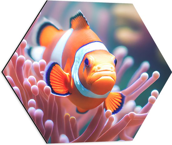 Dibond Hexagon - Oranje Clownvis zwemmend tussen Roze Koraal - 50x43.5 cm Foto op Hexagon (Met Ophangsysteem)
