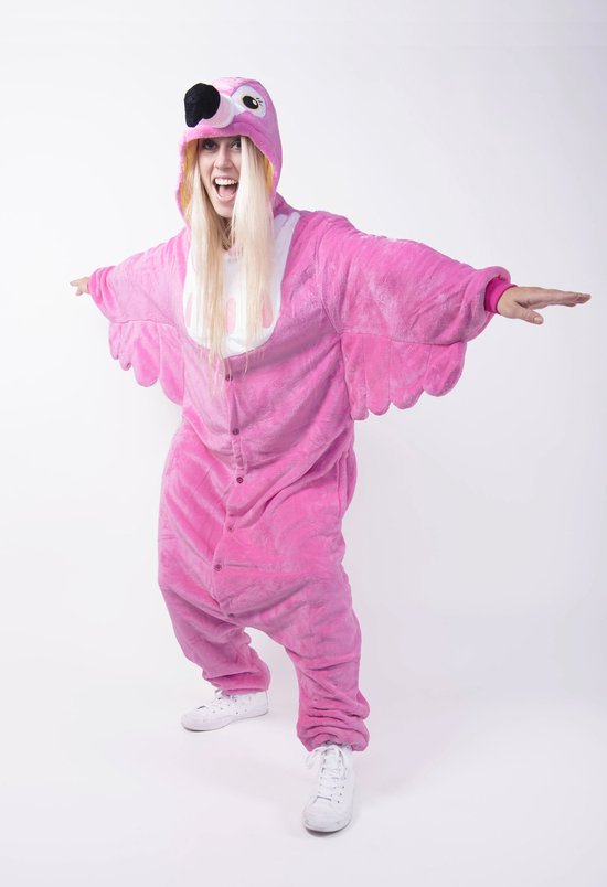 KIMU Onesie Flamingo Pak - Maat XL-XXL - Flamingopak Kostuum Roze Vogel - Vogelpak Jumpsuit Huispak XXXL 3XL Pyjama Zacht Dames Heren Festival