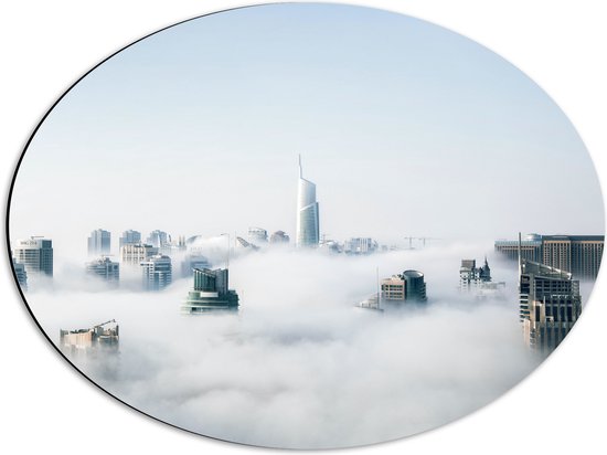Dibond Ovaal - Wolkenkrabbers boven de Wolken in Stad - 56x42 cm Foto op Ovaal (Met Ophangsysteem)
