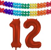 Folat folie ballonnen - Leeftijd cijfer 12 - rood - 86 cm - en 2x slingers