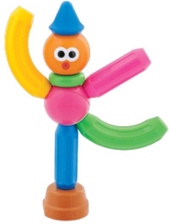 Een magnetisch speelgoedfiguur met een blauwe hoed, oranje hoofd, roze romp en gekleurde armen en benen.