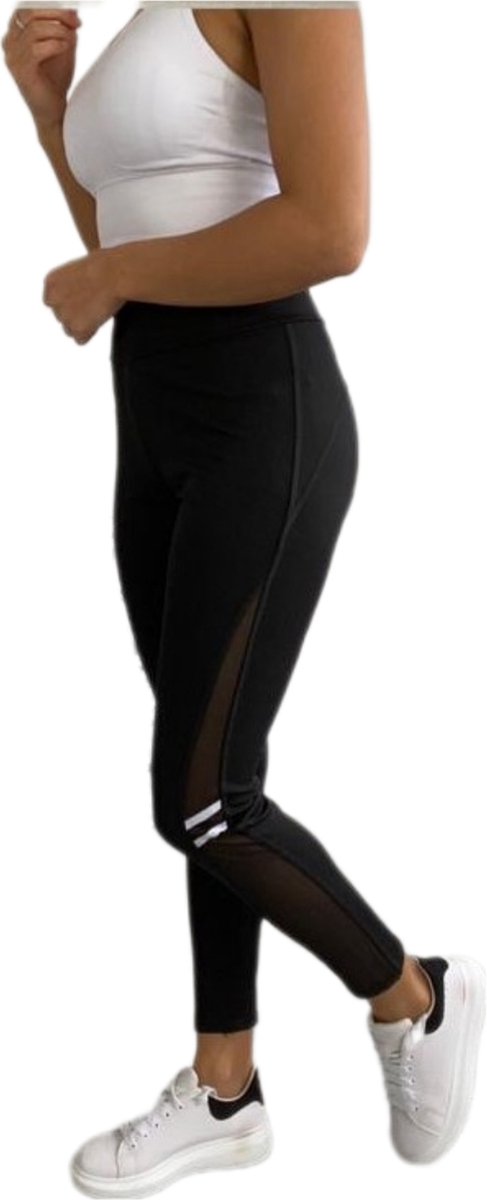 Sportlegging - Dames - Highwaist - Maat S/M - Yoga legging - Kleur Zwart - doorzichtig stukje benen.