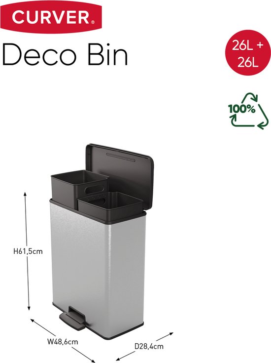 Poubelle à pédale Curver Deco Bin Duo - 26L+26L - Tri des déchets -  Rectangulaire 