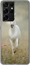 Geschikt voor Samsung Galaxy S21 Ultra hoesje - Paard - Stof - Bloemen - Siliconen Telefoonhoesje