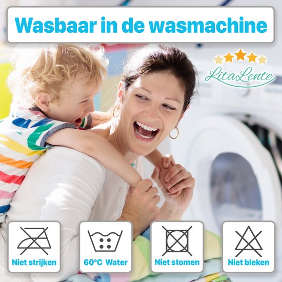 Mère et enfant souriants; texte "Lavable en machine" avec icônes : Ne pas repasser, 60°C Eau, Ne pas cuire à la vapeur, Ne pas javelliser.