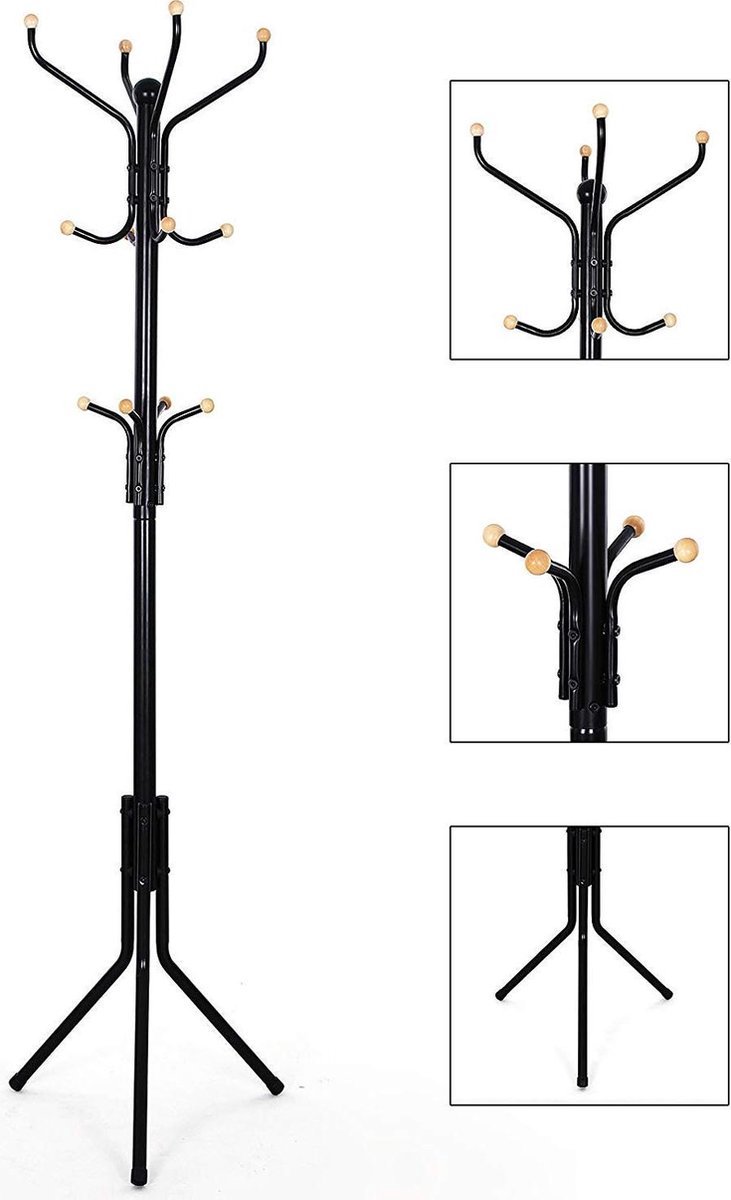 AZURU Kapstok - Staande Metalen Kapstok - 12 Kapstokhaken - Optimale Stabiliteit - 182 cm - Zwart