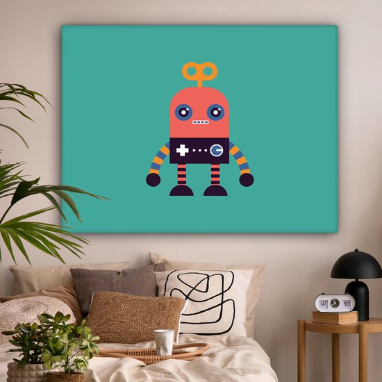 Tableau sur toile enfants - Décoration murale chambres d'enfants - Robot - Jouets - Vert - 160x120 cm - Toile enfants - Décoration murale