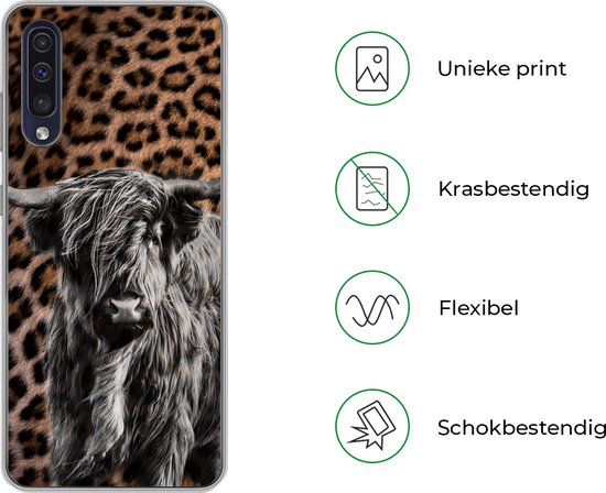 Coque Samsung Galaxy A50 - Scottish Highlander - Imprimé Panthère - Zwart - Wit - Siliconen