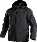 Zwarte DASSY softshell werkjas met capuchon, ritssluiting en grijze reflecterende details.