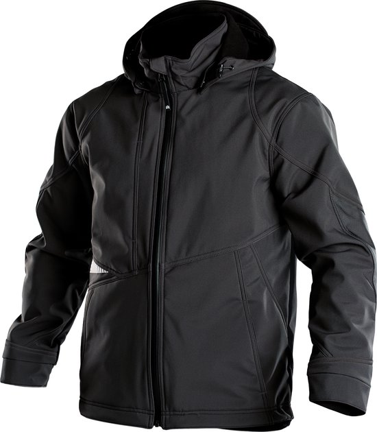 Zwarte DASSY softshell werkjas met capuchon, ritssluiting en grijze reflecterende details.