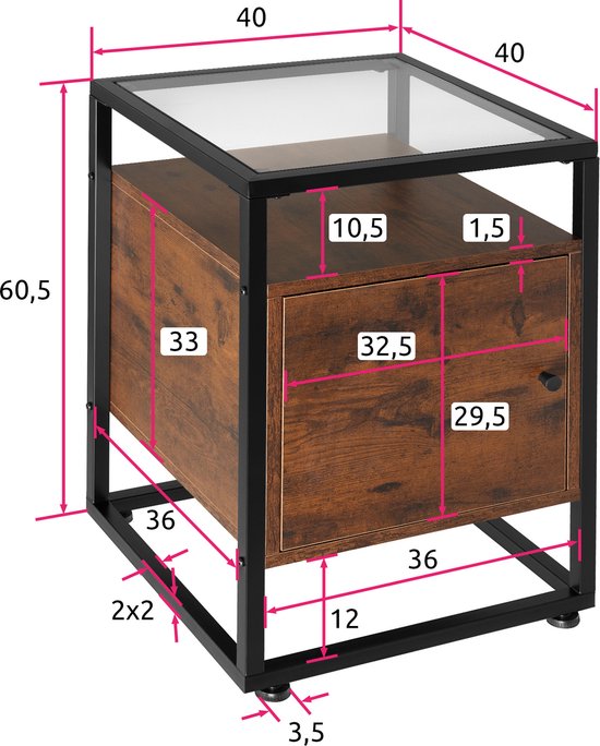 tectake® Nachtkastje met Glazen Blad | 40 x 43 x 60,5 cm | Bijzettafel in Industrieel Design | Houten Kast met Magnetische Deur en Plank | Zwart Metalen Frame (Industrieel Donkerbruin