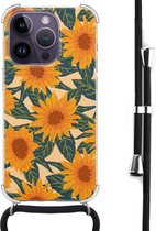 Hoesje met koord geschikt voor iPhone 14 Pro - Zonnebloemen - Inclusief zwart koord - Crossbody beschermhoes - Transparant, Oranje - Mooie Telefoonhoesjes