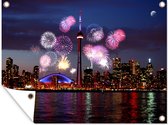 Muurdecoratie buiten Vuurwerk boven het Canadese Toronto tijdens de nacht - 160x120 cm - Tuindoek - Buitenposter