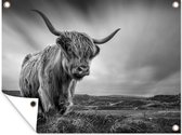 Muurdecoratie buiten Koeien - Schotse hooglander - Natuur - Dieren - Zwart wit - 160x120 cm - Tuindoek - Buitenposter