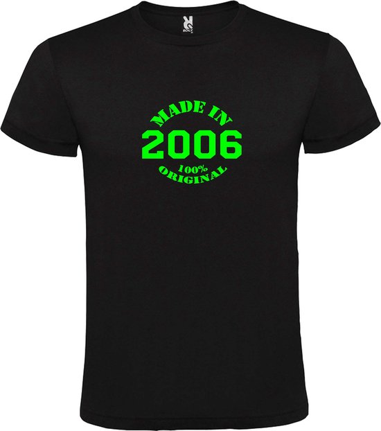 Zwart T-Shirt met “Made in 2006 / 100% Original “ Afbeelding Neon Groen Size M