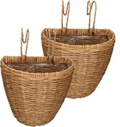 2x stuks balkonmanden/plantenmanden/plantenbakken bruin rotan 42 cm - Hangende plantenbakken voor balkonreling