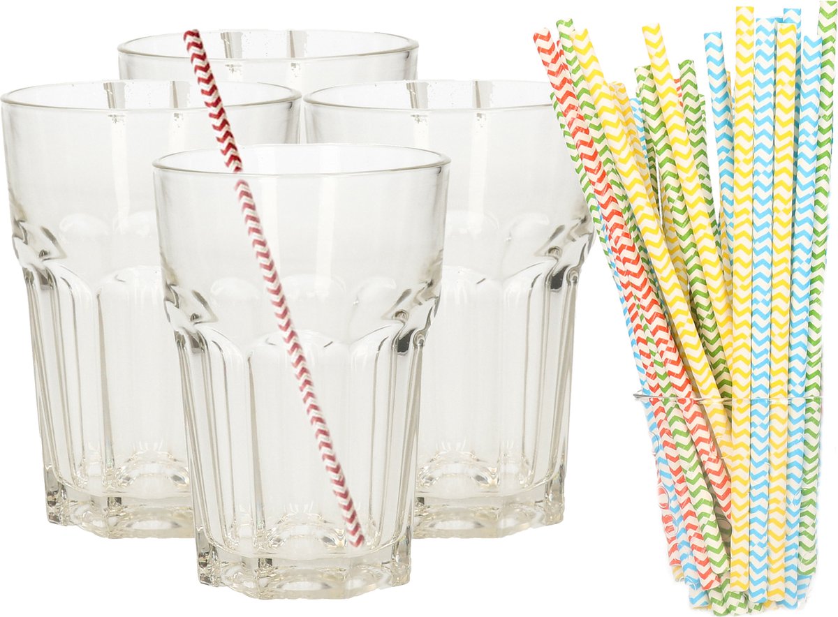 Longdrink glazen - 4 stuks - 360 ml - incl. 25x papieren rietjes