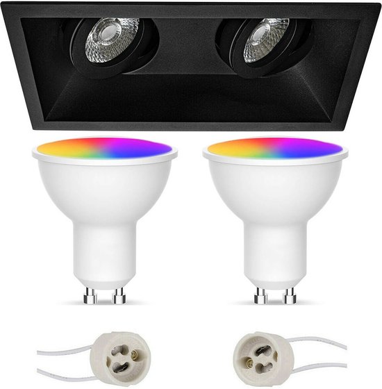 LED Spot Set GU10 - Facto - Smart LED - Wifi LED - Slimme LED - 5W - RGB+CCT - Aanpasbare Kleur - Dimbaar - Afstandsbediening - Pragmi Zano Pro - Inbouw Rechthoek Dubbel - Mat Zwart - Kantelbaar - 185x93mm