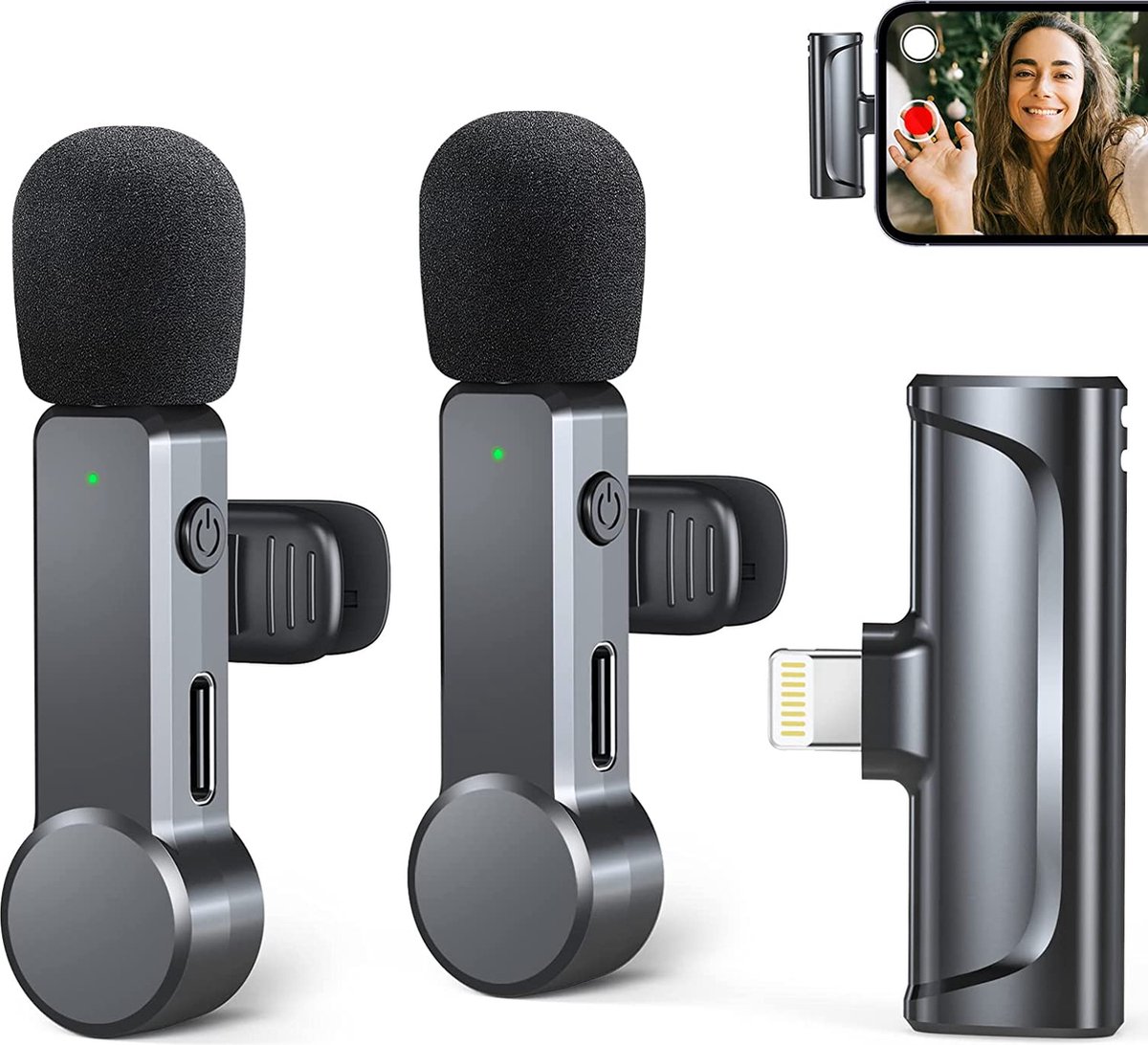 Wrapped Delights - Lavalier Microfoon Draadloos Voor Iphone, Plug & Play, Set Van 2 Mini-Microfoons Met Ruisonderdrukking/Mute-Schakeling, Draagbare Microfoon, Microfoon Voor Live Streaming, Youtube, Tiktok, Vlog (2-In-1/Ios)