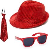 Folat - Verkleedkleding set - Glitter hoed/stropdas/party bril rood