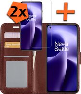 Hoesje Geschikt voor OnePlus Nord 2T Hoes Bookcase Flipcase Book Cover Met 2x Screenprotector - Hoes Geschikt voor OnePlus Nord 2T Hoesje Book Case - Bruin