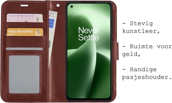 OnePlus Nord 2T Case Bookcase Cover Flip Case Book Cover 2x Avec Protecteur d'écran - OnePlus Nord 2T Cover Book Case Cover - Marron