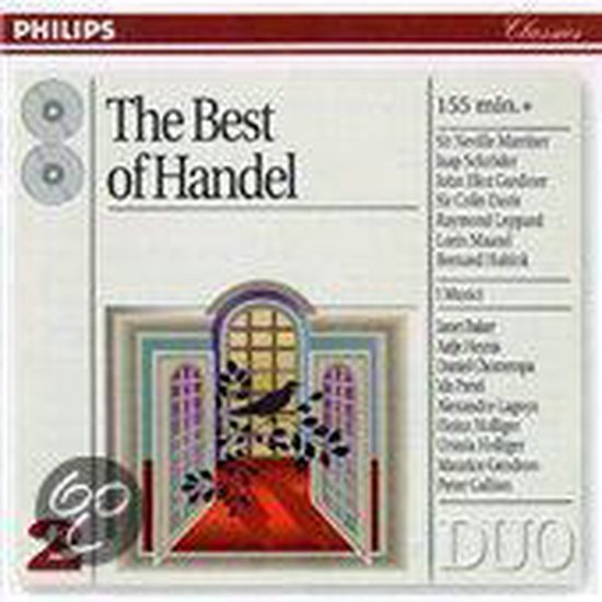 CD hoes: The Best of Handel, 2 CD's, met een afbeelding van een interieur met ramen.