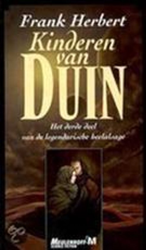 Boek "Kinderen van Duin" van Frank Herbert met een afbeelding van twee omhelzende mensen op een woestijnlandschap.
