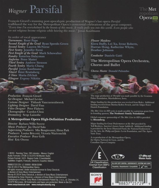 De achterkant van de "Parsifal" Blu-ray disc, met tekst over de productie, cast, en technische specificaties.