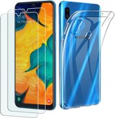 Samsung Galaxy A30 Hoesje Transparant TPU Siliconen Soft Case + 2X Tempered Glass Screenprotector