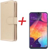 Samsung Galaxy M20 Portemonnee hoesje Goud met Tempered Glas Screen protector