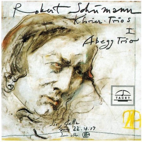 Albumhoes met schets van een mannenhoofd, "Robert Schumann", "Klaviertrios Vol. 1", "Abegg Trio".