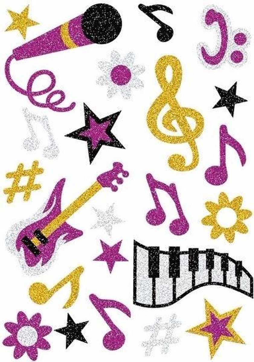 1x set muziek glitter stickers - Thema decoratie stickervel met glitters - Knutsel sticker