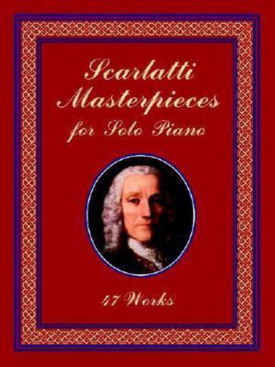 Livre rouge intitulé Scarlatti Masterpieces for Solo Piano avec un portrait d'un homme portant une perruque blanche.