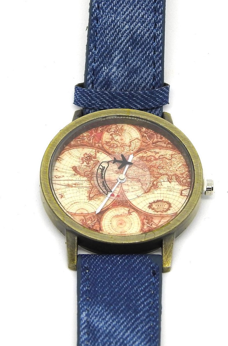 Horloge met wereldkaart en vliegtuig blauw vintage