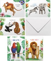 Love & friends kaartenset met envelop - 10 handgeschilderde liefdes- en vriendschapskaarten - tropisch - dieren - dubbele wenskaarten - A6 formaat