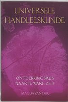 Boek 'Universele Handleeskunde' met grote roze palmafdruk op paarse achtergrond. Tekst: 'Universele Handleeskunde Ontdekkingsreis naar je ware zelf Magda van Dijk'.